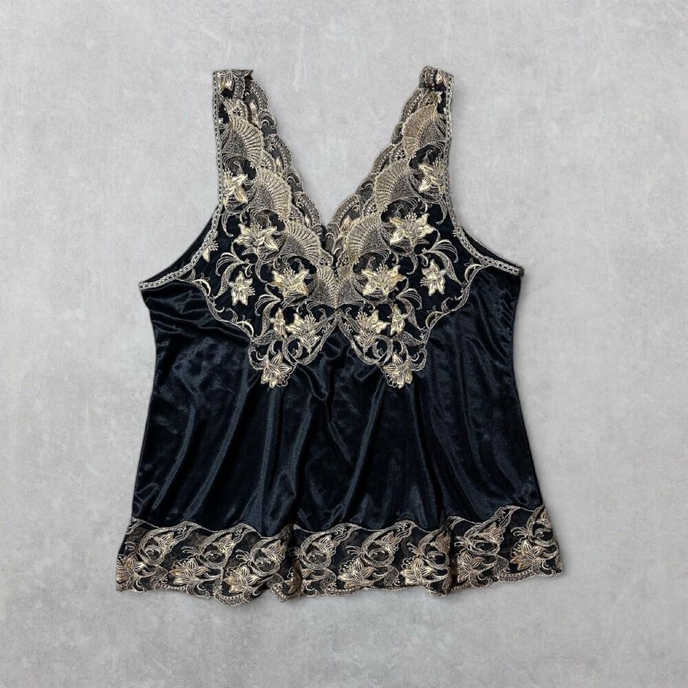 Women's Small Whimsygoth Black Satin Lingerie Top with Gold Lace Trim